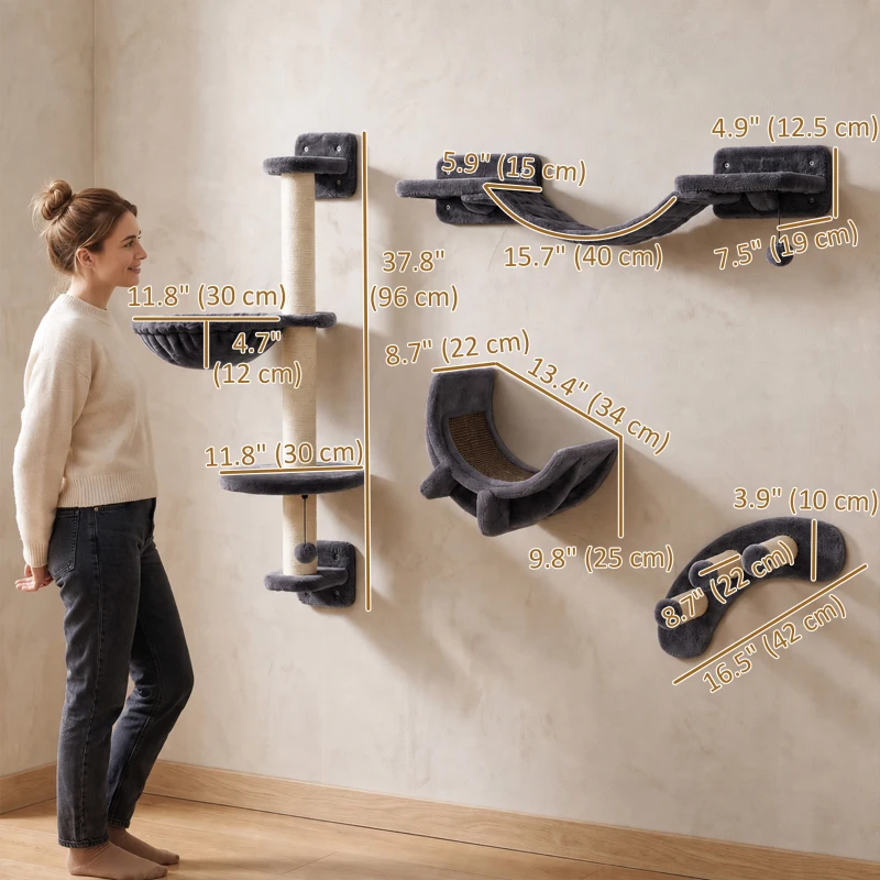 PawHut Cat Wall Shelf with Scratching Post, Play Balls, Platforms, Dark Grey