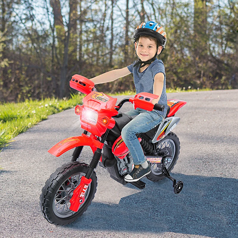 Aosom 6V Kids Motorcycle, Electric Motorcycle with Dirt Bike Style, Street Bike Design Battery Powered Ride On Toy with Training Wheels, Headlight, Music, Ages 5-8, Red
