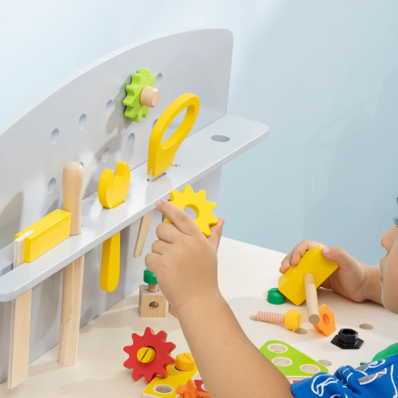 Qaba Wooden Kids Tool Bench with 31 Piece Kids Tool Kit, Workbench Playset, Construction Work Shop Toy for Girls and Boys Ages 3-6 with Storage Shelf