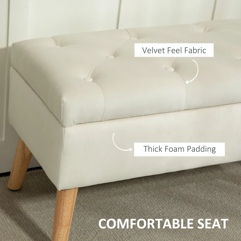 HOMCOM Storage Ottoman with Lid, Velvet Upholstered Storage Bench with Wood Legs for Living Room, Cream White