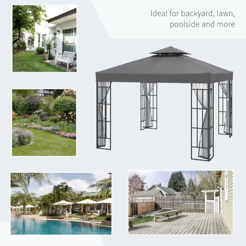 Outsunny 10'x10' Garden Gazebo Patio Canopy Portable Party Event Backyard w/ Mosquito Netting Grey