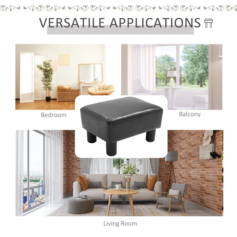 HOMCOM Ottoman Foot Rest, Small Foot Stool with Faux Leather Upholstery, Rectangular Ottoman Footrest with Padded Foam Seat and Plastic Legs, Bright Black