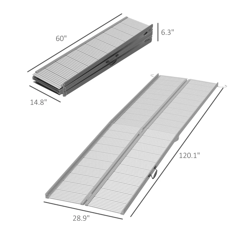 HOMCOM 10' Foldable Handicap Ramp for Home, Steps, Doorways, Aluminum Portable Wheelchair Ramp, Textured Threshold Ramp, Silver