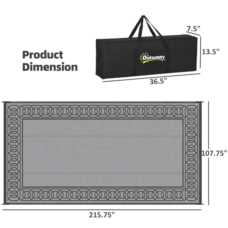Outsunny RV Mat, Outdoor Patio Rug / Large Camping Carpet, 9' x 18', Waterproof Plastic Straw, Reversible, Black & Gray Border