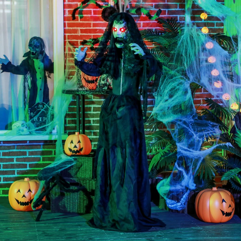 HOMCOM 5.6' Life Size Zombie Bride, Outdoor Halloween Decoration Animatronic, Sound and Motion Activated Light Up Eyes