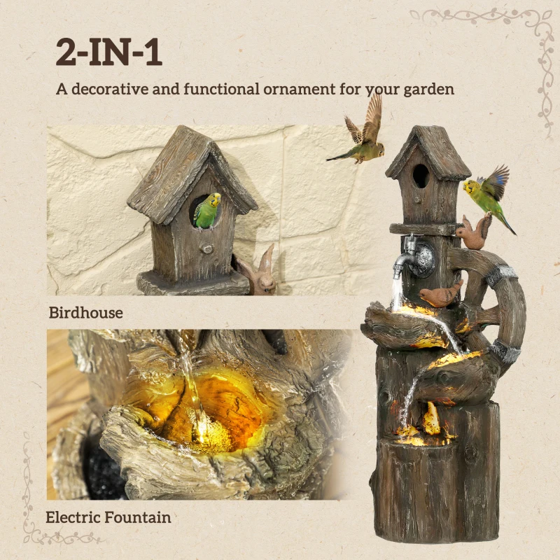 Outsunny Outdoor Water Fountain, Decorative Garden Birdhouse, 3-Tier Cascading Waterfall with LED Lights and Water Wheel