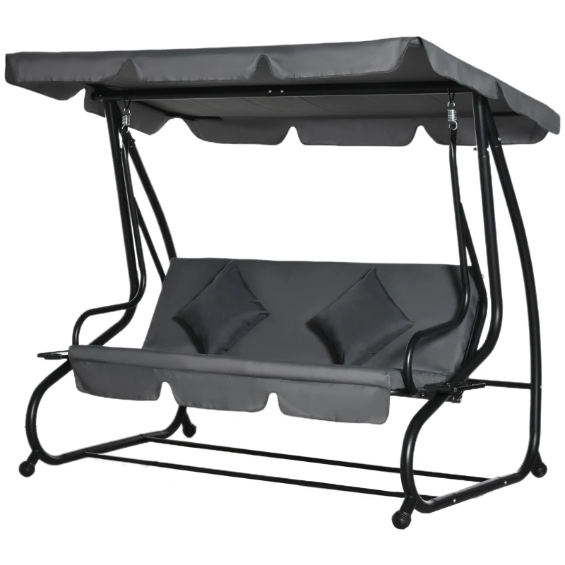 Outsunny 3-Seat Outdoor Patio Swing Chair, Converting Flatbed, Outdoor Swing Glider with Adjustable Canopy, Removable Cushion and Pillows, for Porch, Garden, Poolside, Backyard, Gray