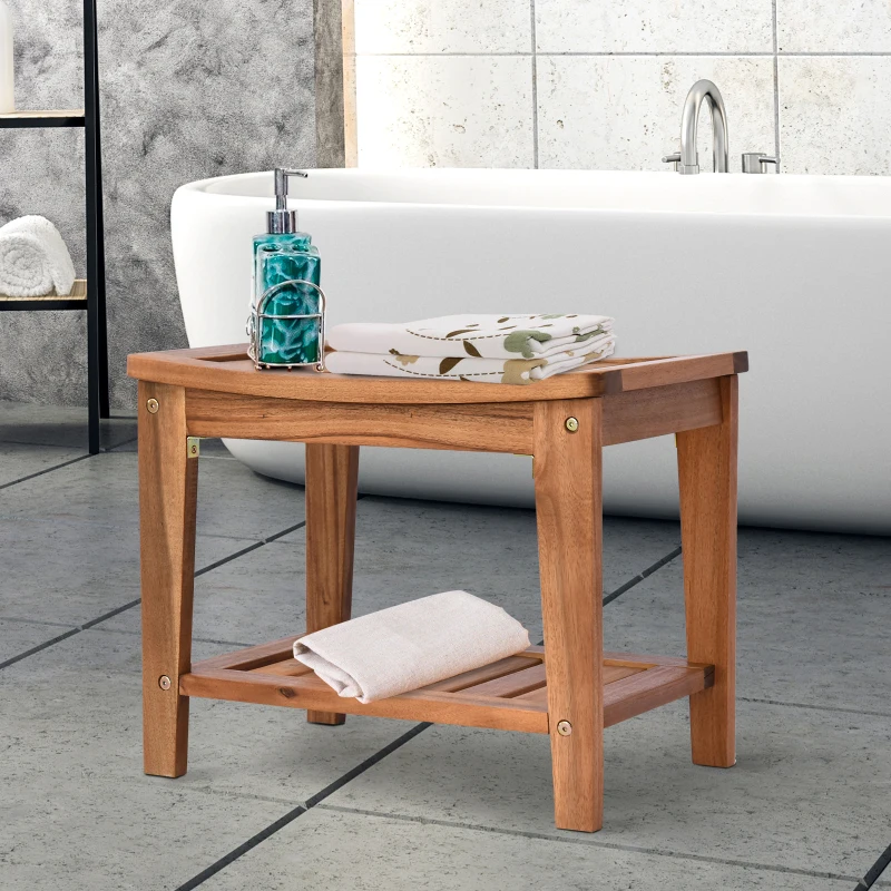 HOMCOM Acacia Wood Shower Bench Seat with Towel Shelf, 2-Tier Bathroom Spa Bathing Stool