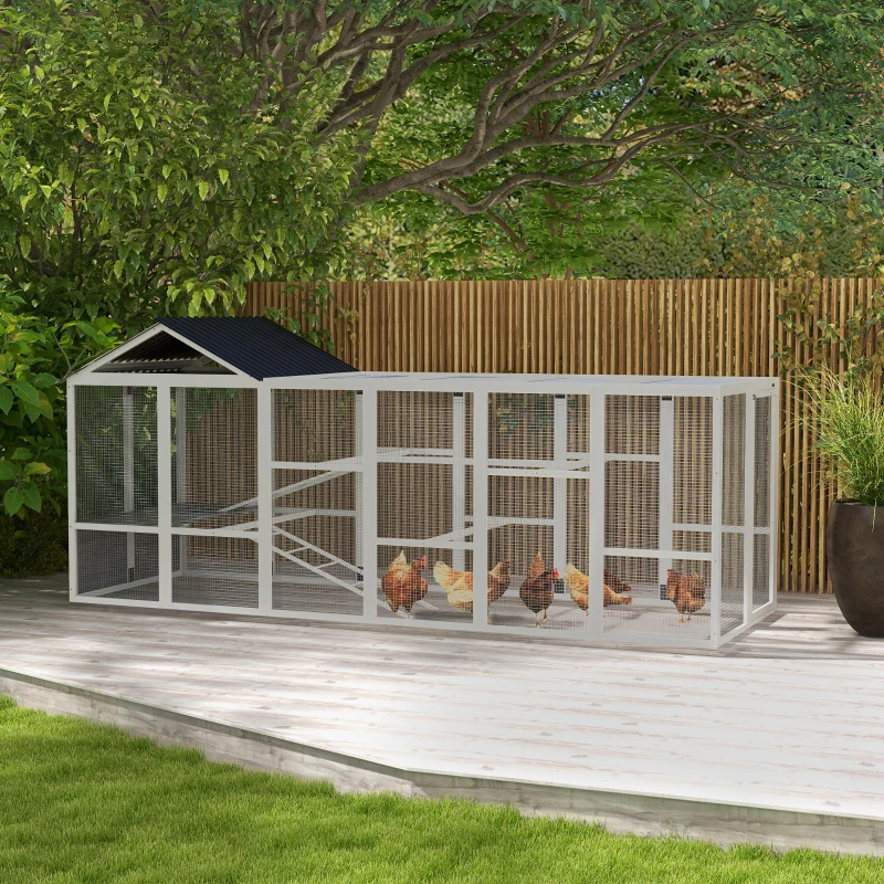 PawHut Wooden Chicken Coop Run for 6 - 10 Chickens, Hen House Add-On with Storage, Perches, 141.75" x 48" x 61", Gray