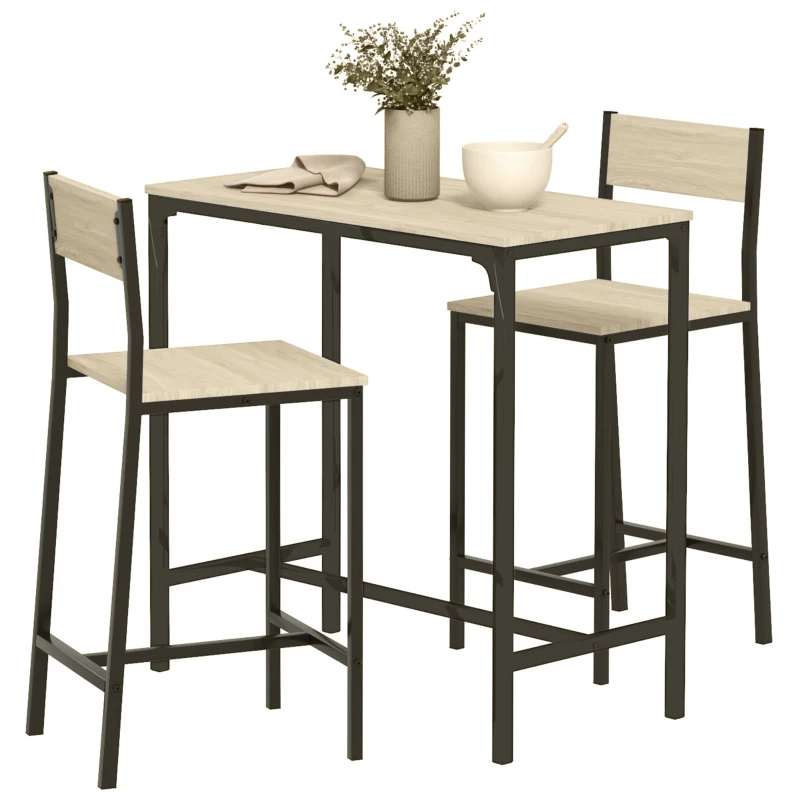 HOMCOM 3 Piece Pub Table and Chairs for 2, Bar Table and Stools with Footrest for Small Space, Oak