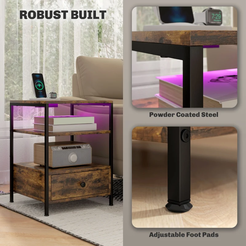 HOMCOM Set of 2 Side Tables with Charging Stations and LED Lights, End Tables with Drawer and Shelves for Living Room, Brown