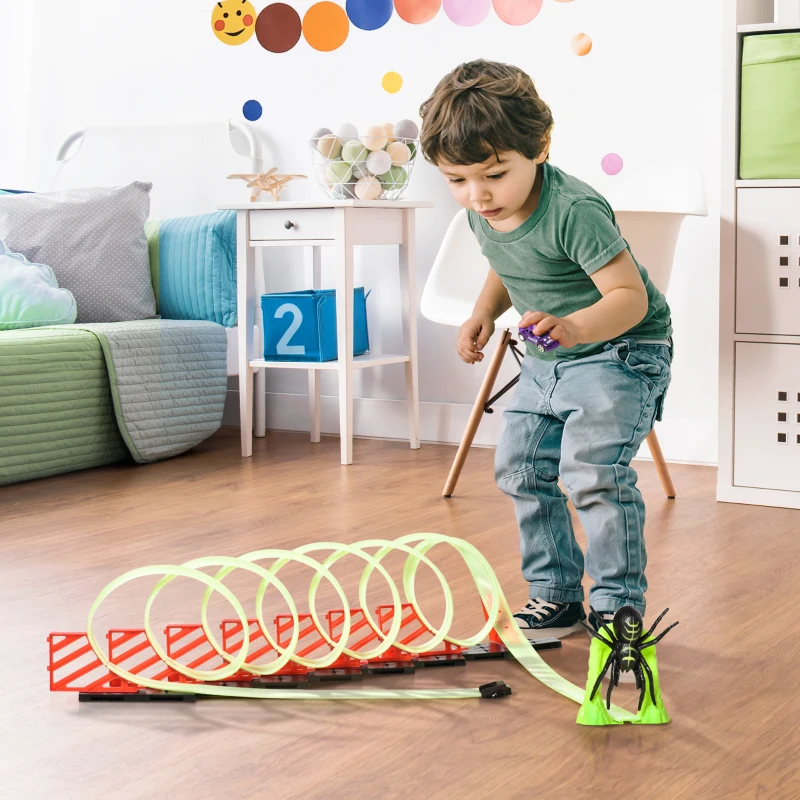 Qaba Track Builder Loop Kit Criss-Cross Glowing Race Track Toy Set Spooky Spider Fun Starter Kit, for Kids 3-6, Lime Green