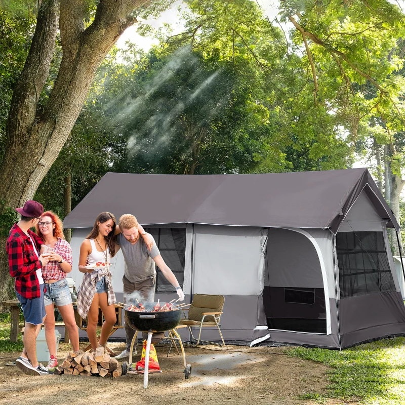 Outsunny Large Camping Tent with 10 Person Floorspace, Rain Cover & Breathable Mesh Roof, Cabin Tent 8 Person Size, Big Family Tent Camping Accessory, Gray