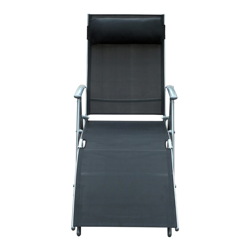 Outsunny Chaise Lounge Foldable Outdoor Chair, Portable, 7-Position Adjustable Reclining Tri-fold Chair for Camping, Sunbathing & Tanning at the Beach, Swimming Pool with Pillow, Black