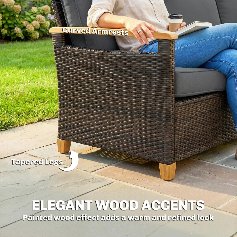 Outsunny 3 Seater Outdoor Couch Sofa, PE Wicker Patio Sofa, Wide Deep Seat, 4" Cushions, Wood-Effect Armrests Legs, Gray