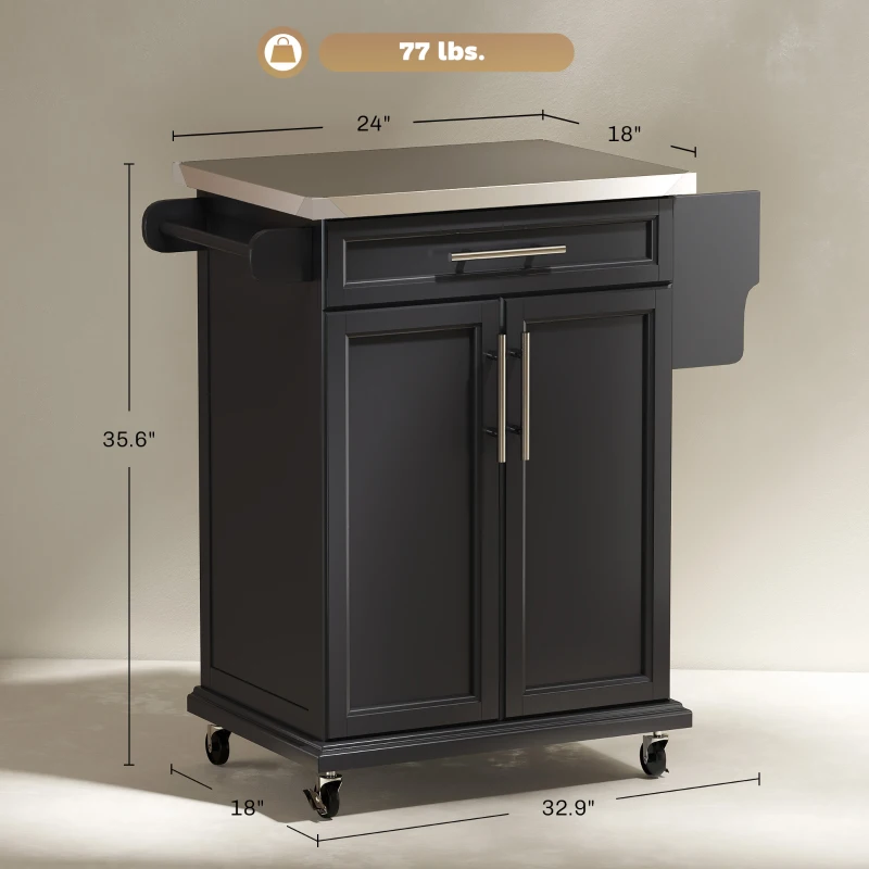 HOMCOM Kitchen Island on Wheels, Rolling Kitchen Cart with Stainless Steel Countertop, Drawer, Towel Rack and Spice Rack, Utility Storage Trolley, Black