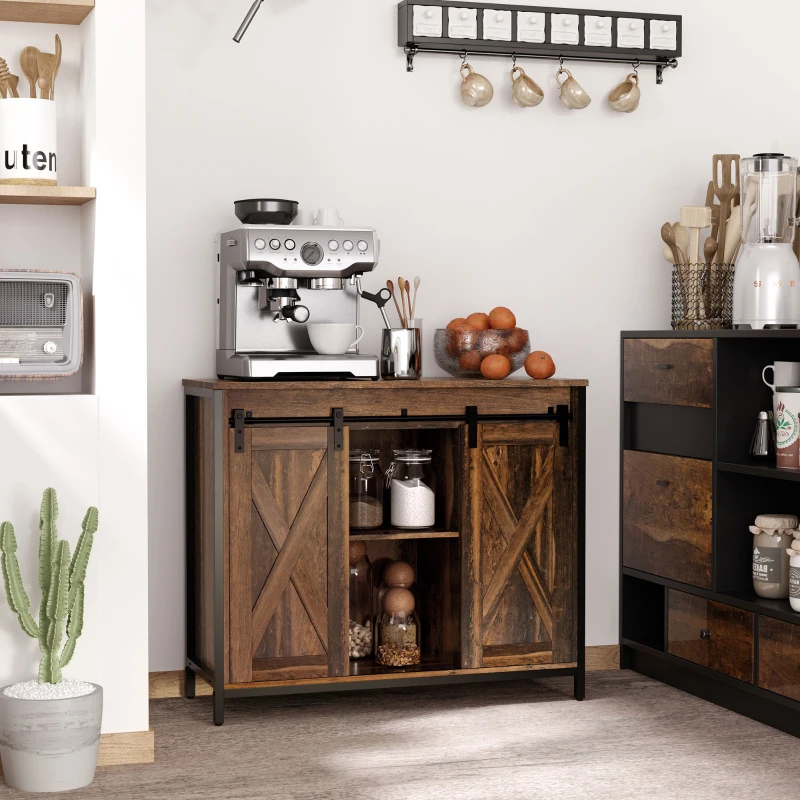 HOMCOM Industrial Sideboard Buffet Cabinet, Coffee Bar Cabinet, Kitchen Cabinet with Sliding Barn Doors