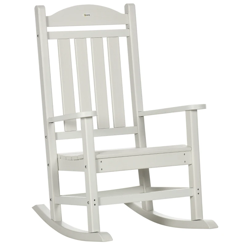 Outsunny Outdoor Rocking Chair, All Weather-Resistant HDPE Rocking Patio Chairs with Rustic High Back, Armrests, Oversized Seat and Slatted Backrest, 350lbs Weight Capacity, White
