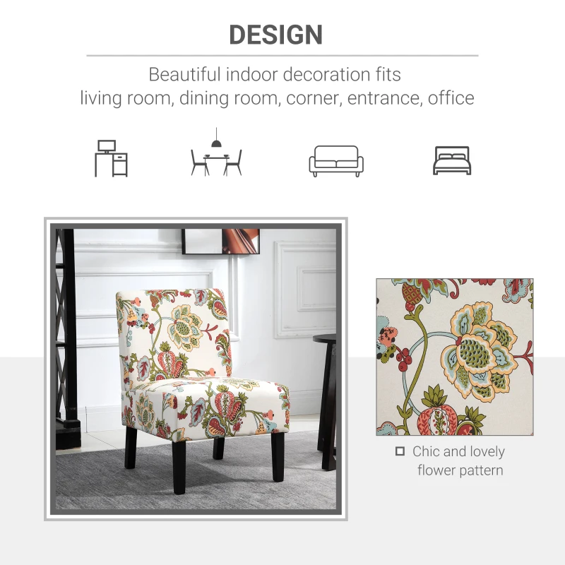 HOMCOM Linen Fabric Dining Chair with Pine Wood Legs and Sponge Padded Cushion, for Living Room, Dining Room, Flower Pattern