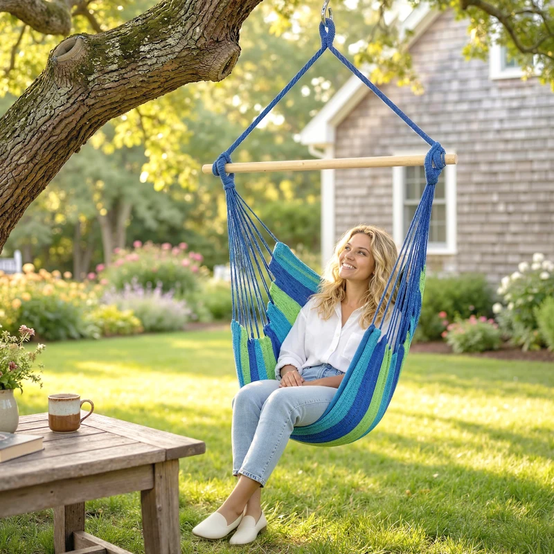 Outsunny Hammock Chair Swing Hanging Macrame Chair w/ Two Soft Seat Cushions, Blue and Green