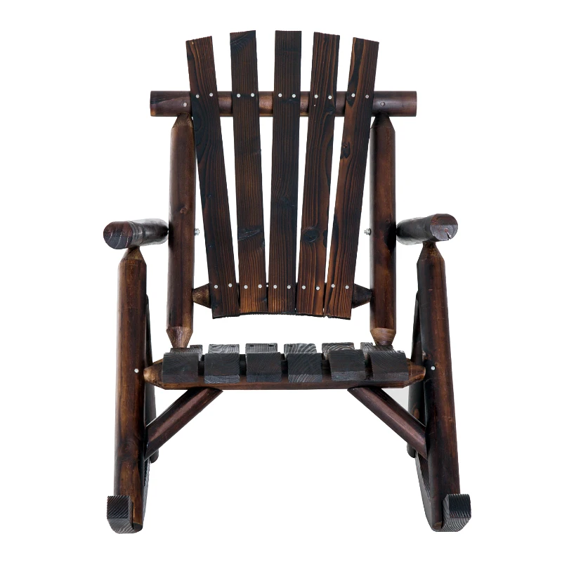 Outsunny Outdoor Wooden Rocking Chair, Single-Person Rustic Adirondack Rocker with Slatted Seat, High Backrest, Armrests for Patio, Garden and Porch, Brown