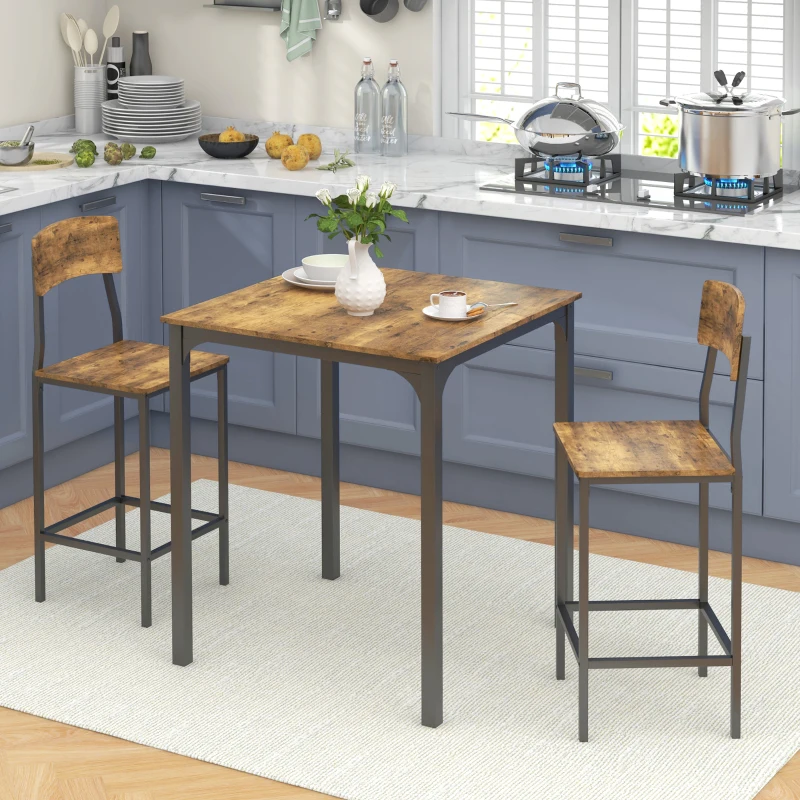 HOMCOM 3 Piece Pub Table and Chairs, Small Kitchen Table and Chairs, Square Dining Table with 2 Stools, Rustic Brown and Black