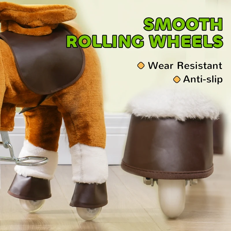 Qaba Ride on Horse, Plush Riding Pony for Ages 3-5, Walking Horse Animal with Wheels Neighing for Active Play, Brown