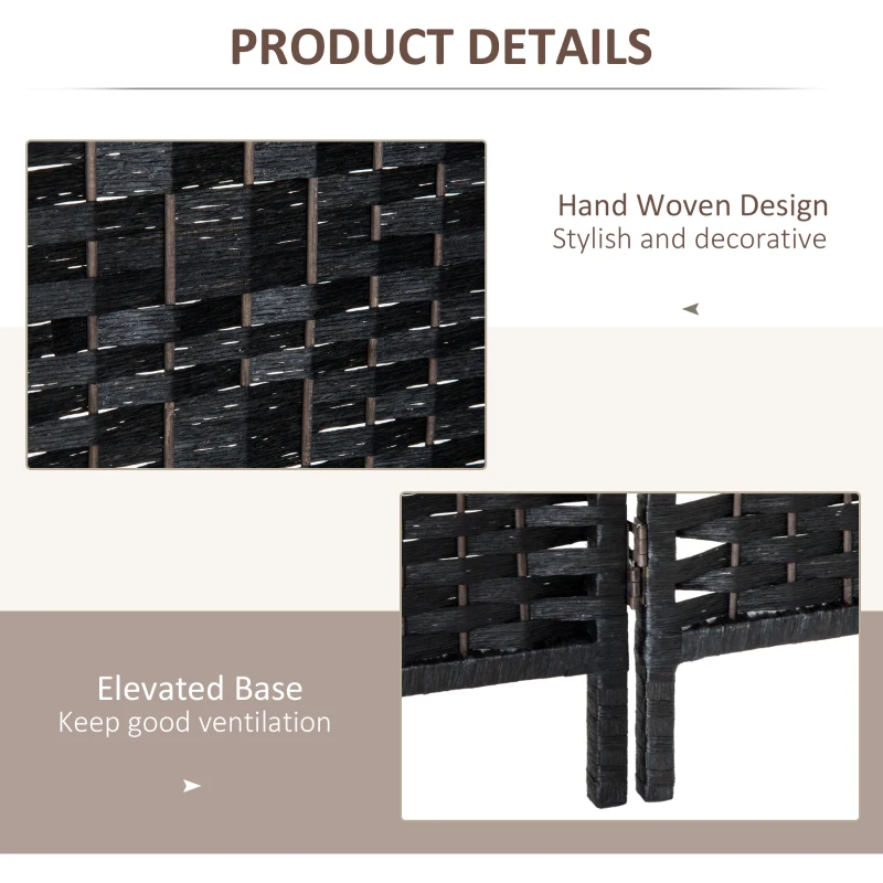 HOMCOM Room Divider 6 Panel, 6FT Tall Folding Privacy Screen, Freestanding Hand-Woven Partition for Room Separation with 360° Hinges, Paper Rope Diamond Weave, Black