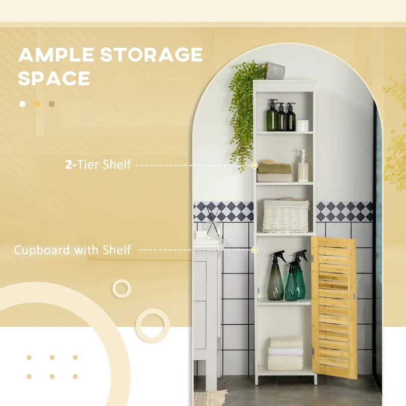 kleankin Tall Bathroom Storage Cabinet, Free Standing Bathroom Cabinet Slim Side Organizer with 3 Shelves and Bamboo Cabinet, White/Natural