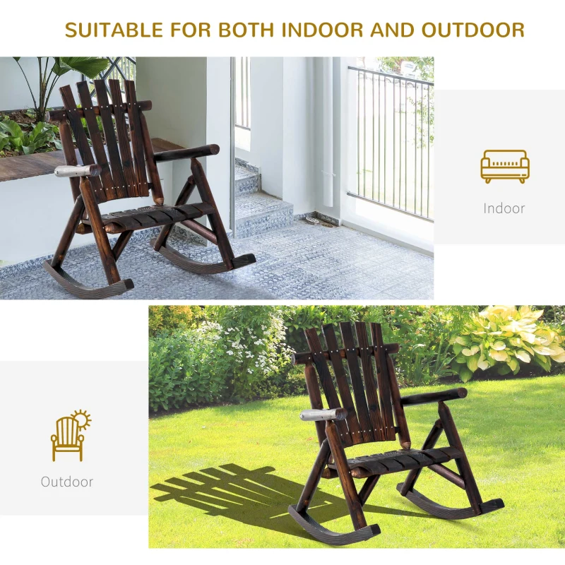 Outsunny Outdoor Wooden Rocking Chair, Single-Person Rustic Adirondack Rocker with Slatted Seat, High Backrest, Armrests for Patio, Garden and Porch, Brown
