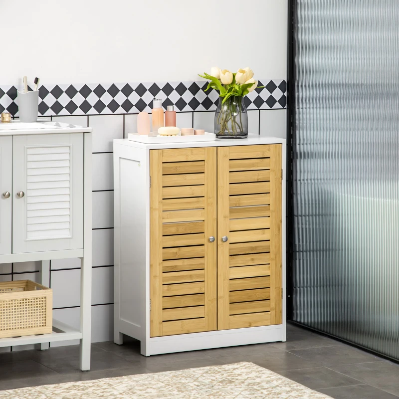 kleankin Bathroom Floor Cabinet, Side Storage Organizer Cabinet with Bamboo Doors, Adjustable Shelves for Bathroom, White and Natural