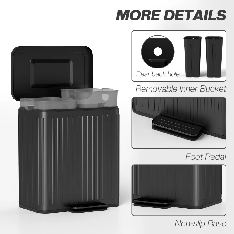 HOMCOM Trash Can with Lid, 2 x 5.3Gal Double Step-On Kitchen Trash Can, Removable Buckets, Black
