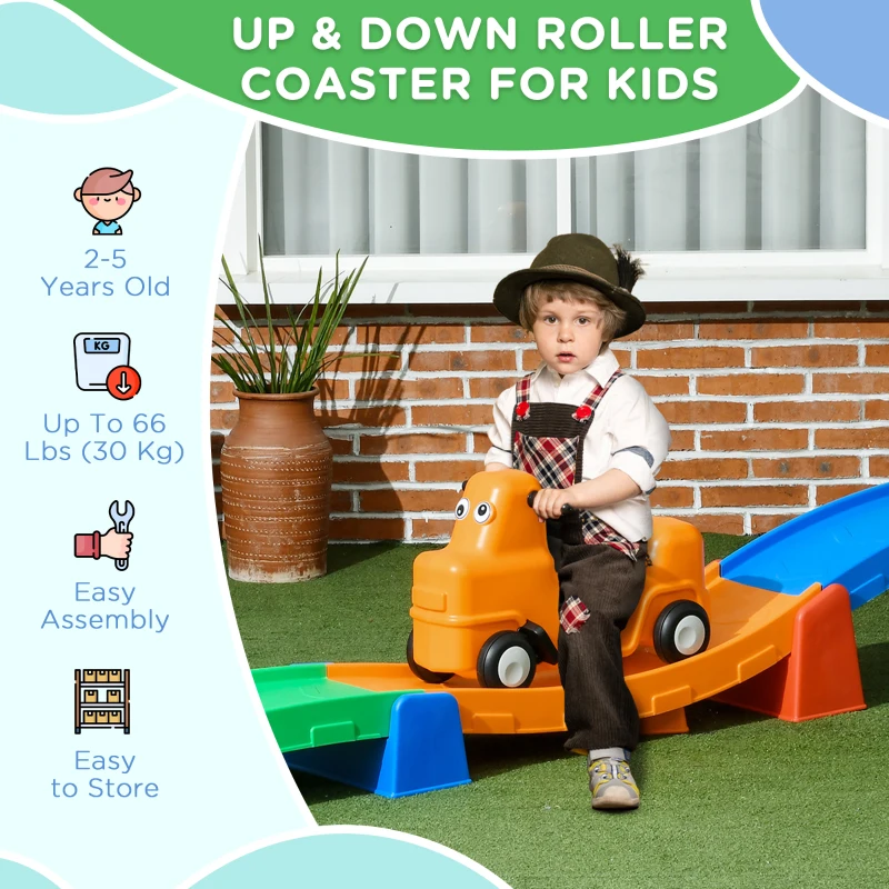 Qaba 9.8 ft Up and Down Roller Coaster for Kids, Thrill 4 Pieces Toddler Roller Coaster Ride on Toy with Side Steps, Sliding Car with Handles, for 2-5 Years Old