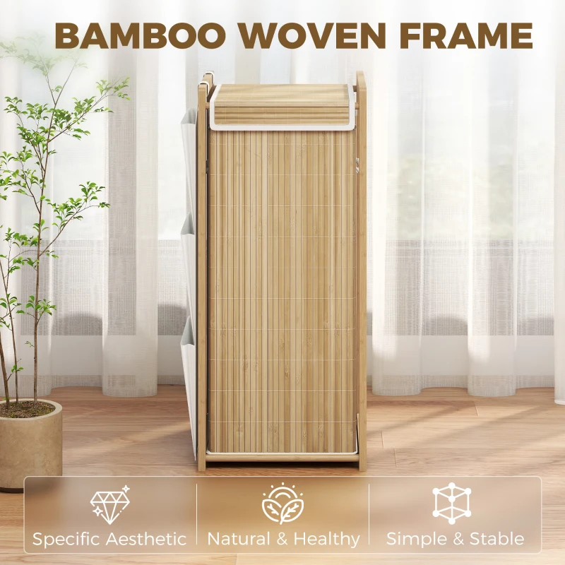 HOMCOM Bamboo Laundry Hamper with Removable Drawstring Bag and Side Storage Pockets, 20 Gal, Natural