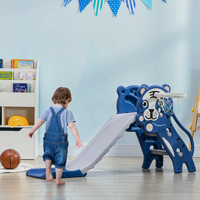 Qaba Slide for Kids with Basketball Hoop for Indoor Use, Easy Set Up Baby Slide for Kids 18-36 Months, Blue