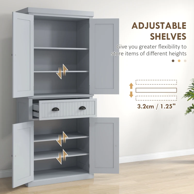 HOMCOM 72" Traditional Freestanding Kitchen Pantry Cabinet Cupboard with Doors and 3 Adjustable Shelves, Gray