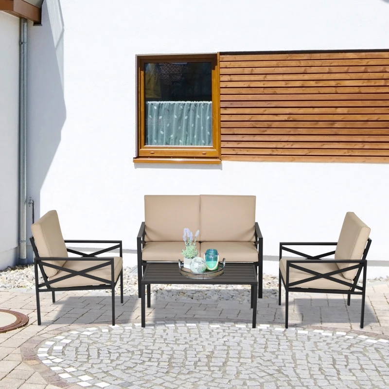 Outsunny 4-Piece Patio Furniture Set Garden Conversation Set with Soft Washable Cushions & Strong Steel Frame, Beige