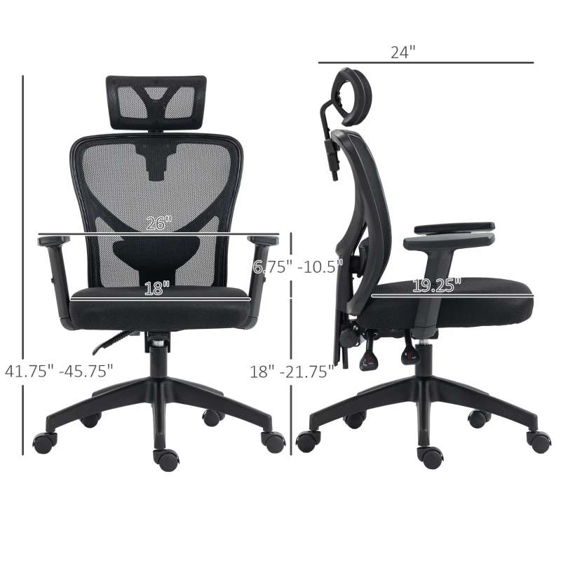 Vinsetto Ergonomic Office Chair, Mesh Desk Chair with Adjustable Headrest, Reclining Backrest, Swivel Wheels, Black