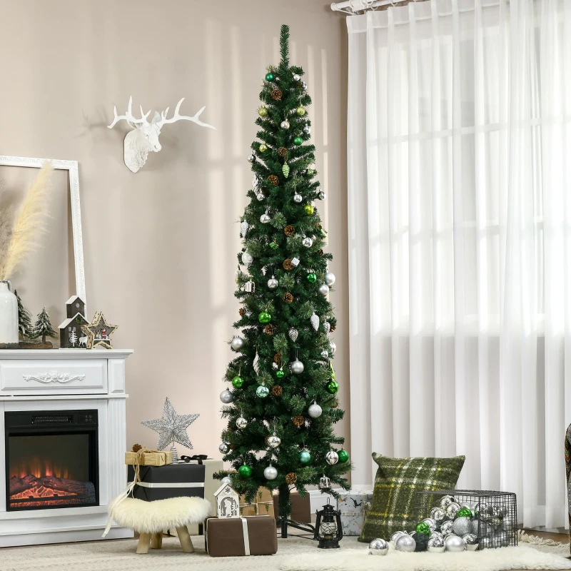HOMCOM 7.5 Foot Pencil Artificial Christmas Tree, Slim Pine Needles Xmas Tree with Realistic Branches, Pine Cones, Metal Base, Green