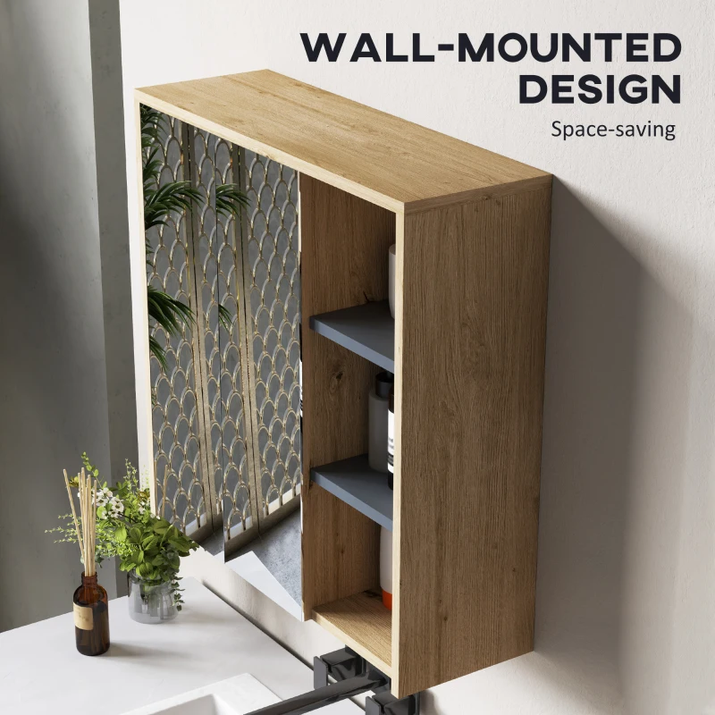 HOMCOM Wall Mount Medicine Cabinet with Mirror, Bathroom Cabinet Storage Organizer with 2 Doors, Cupboards and Shelves, Natural