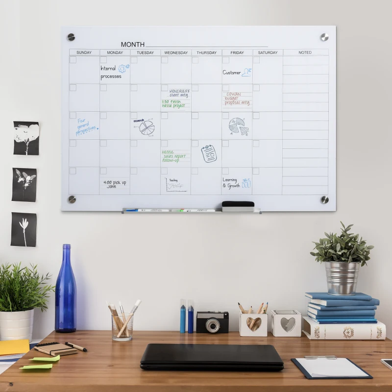 Vinsetto 35"x23" Dry Erase Wall Calendar Glass Whiteboard Monthly Planner for Homeschool Supplies & Home Office Organization with 4 Markers and 1 Eraser,Frameless