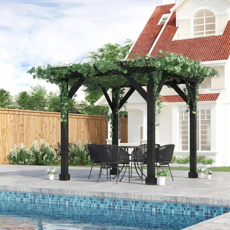 Outsunny 10' x 10' Patio Pergola, Weather-Resistant Cedar Wood, Backyard Cover for Porch Party, Grape Garden, Vineyard, Ivy Vine, or Climbing Plants, Black
