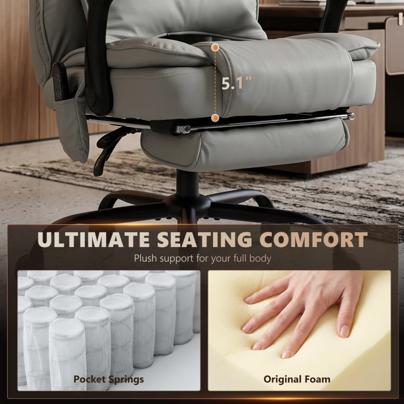 HOMCOM High Back Vibration Massage Office Chair, Heated Reclining PU Leather Computer Chair with Headrest, Gray