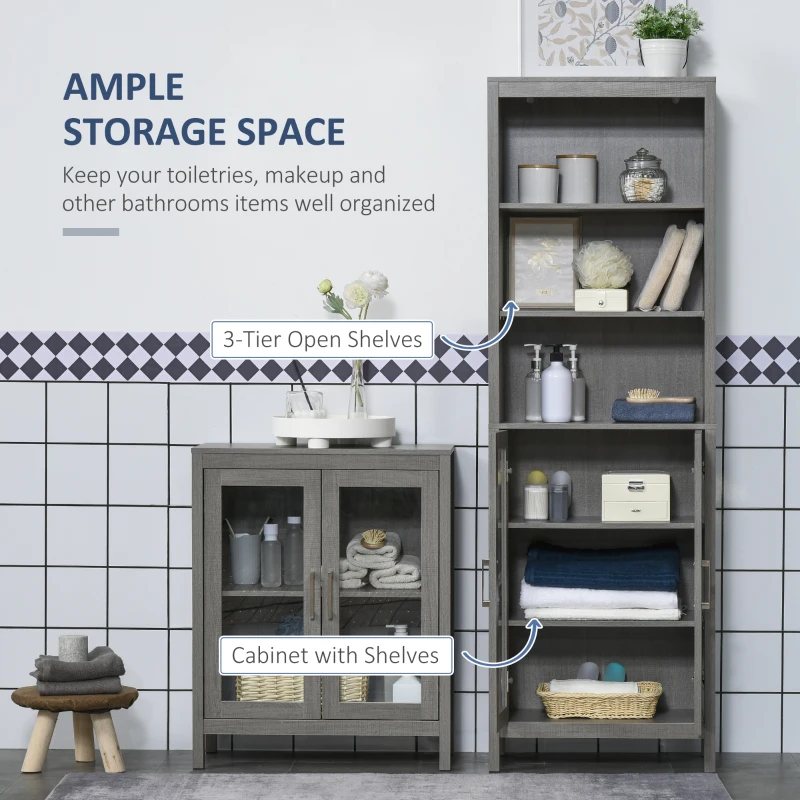 kleankin Tall Bathroom Storage Cabinet with 3 Tier Shelf, Glass Door Cabinet, Freestanding Linen Tower with Adjustable Shelves, Grey Wood Grain