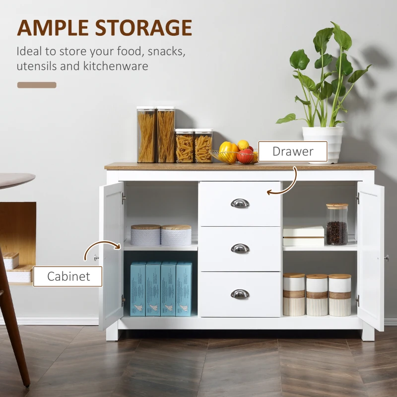 HOMCOM Kitchen Sideboard with Adjustable Shelves, Dining Buffet Cabinet with 3 Storage Drawers, White