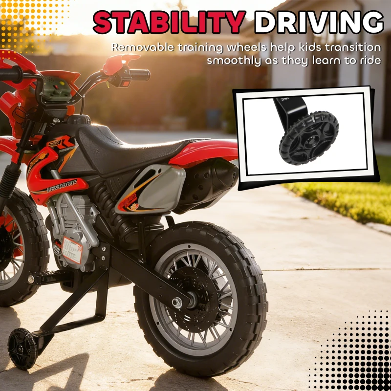 Aosom 6V Kids Motorcycle, Electric Motorcycle with Dirt Bike Style, Street Bike Design Battery Powered Ride On Toy with Training Wheels, Headlight, Music, Ages 5-8, Red