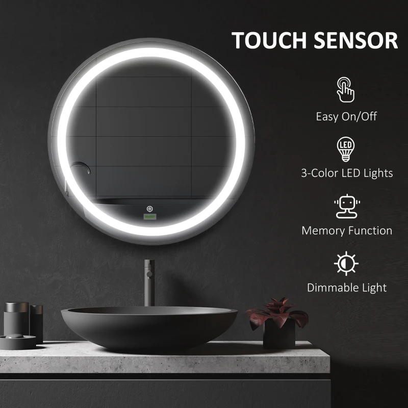kleankin 24-Inch Lighted Bathroom Mirror for Wall, Dimmable LED Mirror with Memory Function, Round Mirror for Wall Decor