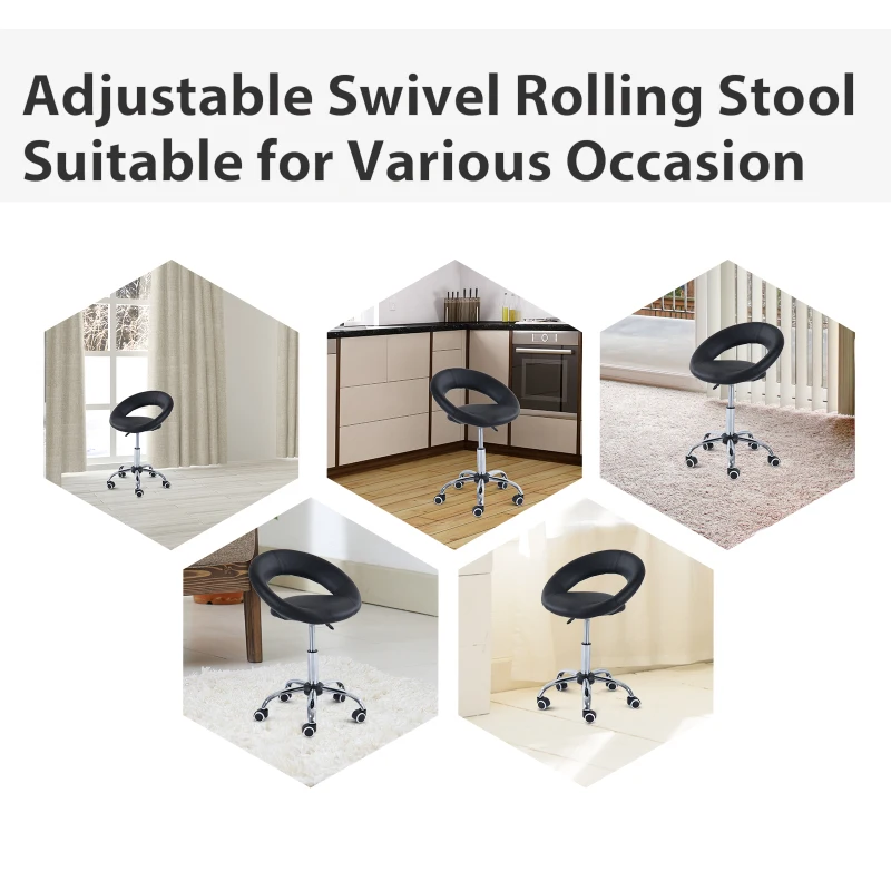 HOMCOM Crescent Rolling Salon Stool with Adjustable Height, Breathable Open Back, Foam Cushion Seat, and 5 Caster Wheels, Black