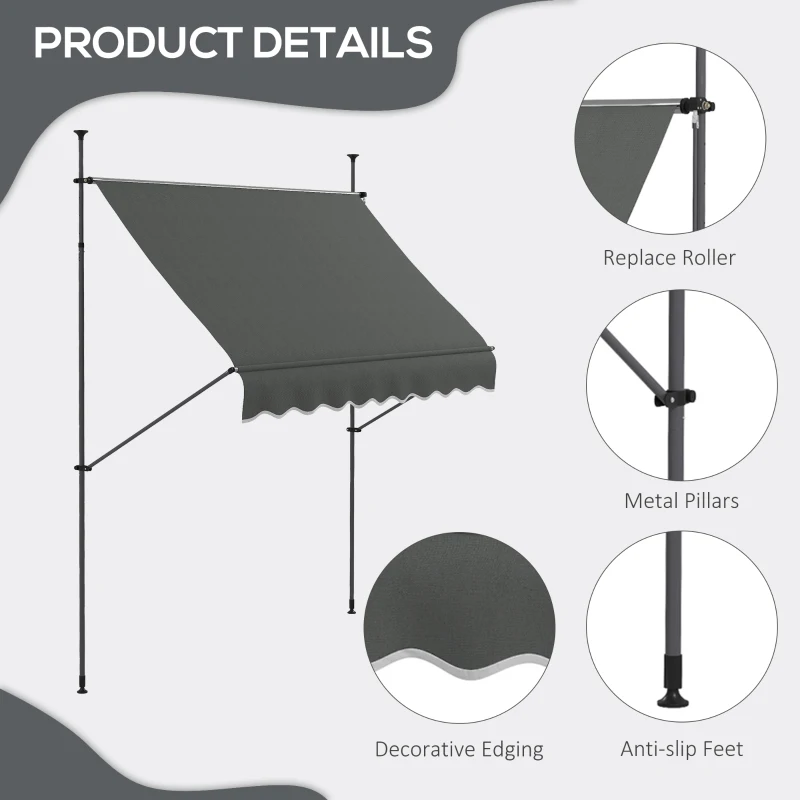 Outsunny 8' x 4' Manual Retractable Awning, Non-Screw Patio Awning, UV Resistant for Window or Door, Dark Gray