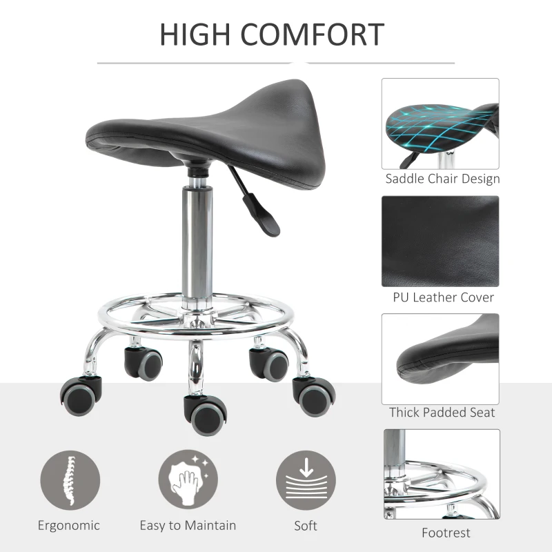 HOMCOM PU Leather Adjustable Stool, Rolling Saddle Stool with Wheels for Massage, Spa, Clinic, Beauty and Tattoo, Black